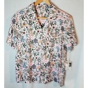 Ellen Degeneres Button Front Cat Kitten Leaves‎ Pink Blouse Size Small